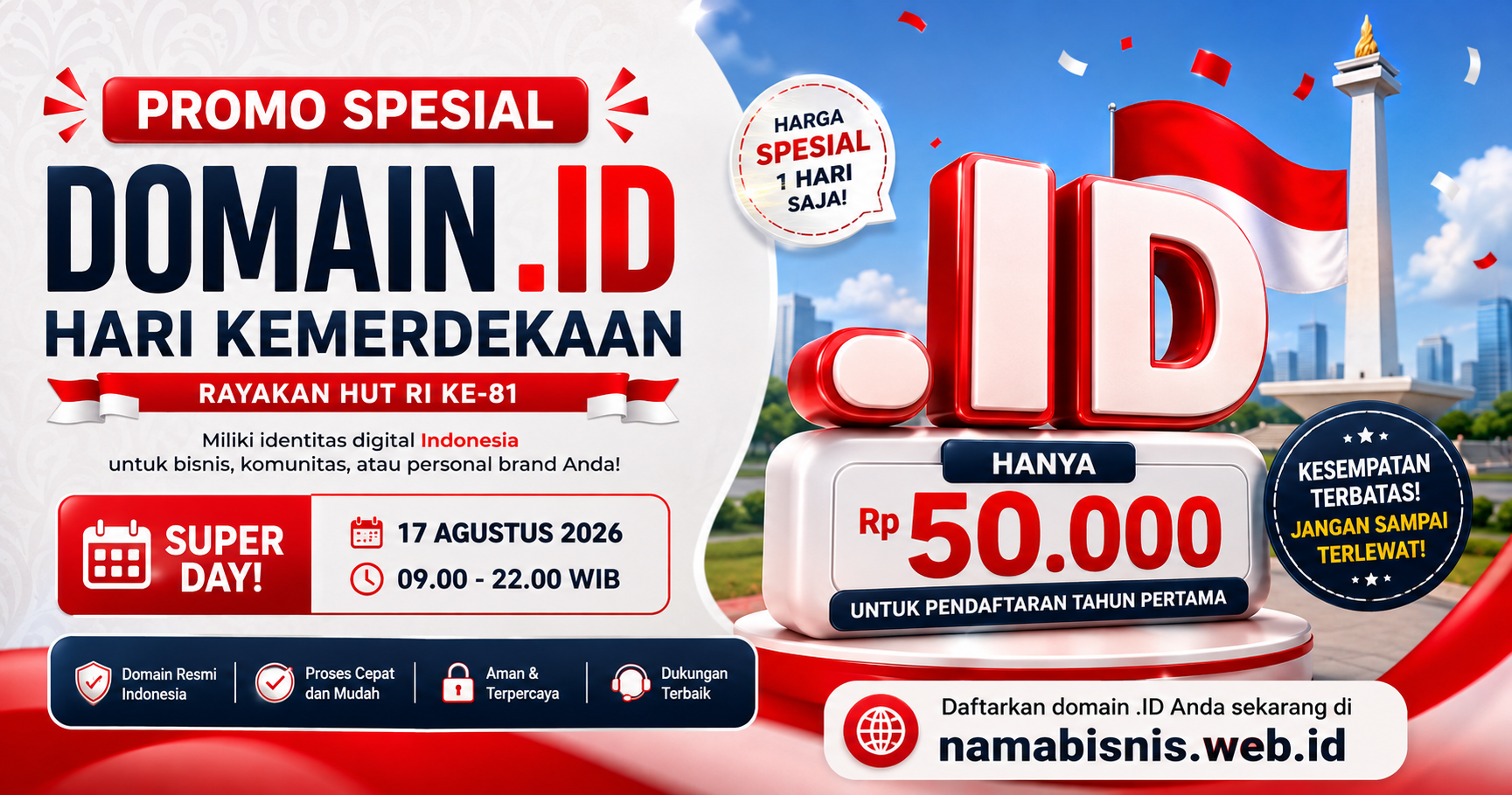Promo Spesial Domain .ID Rp50.000 untuk HUT Kemerdekaan RI ke-81