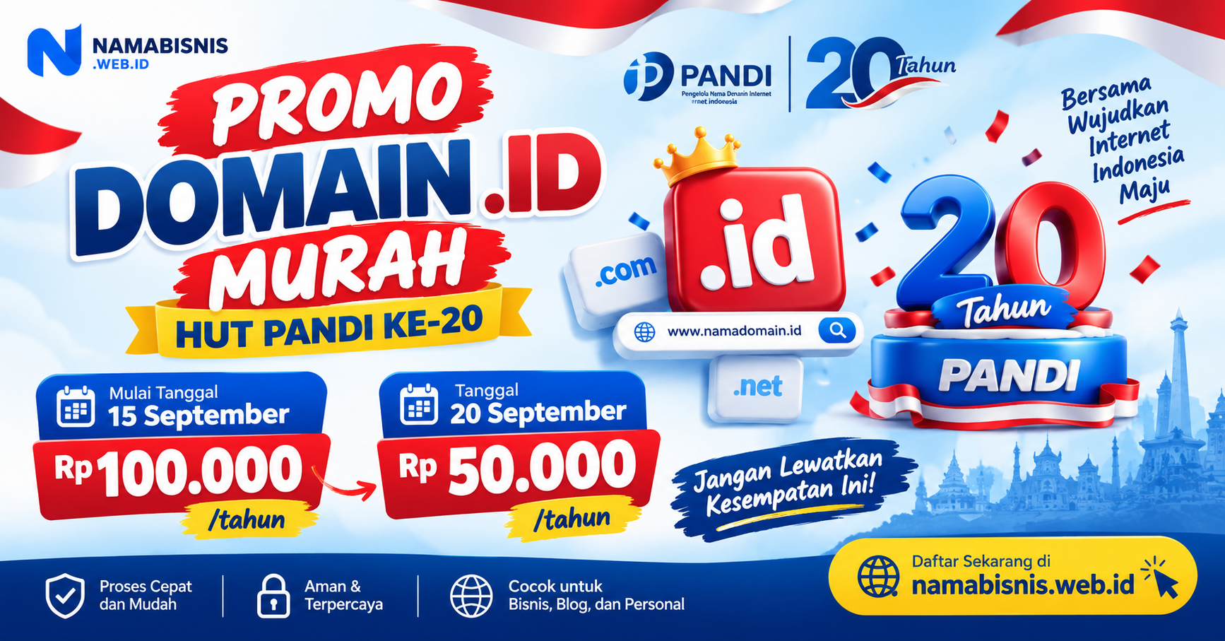 Promo Domain .ID Murah HUT PANDI ke-20, Mulai Rp50.000!